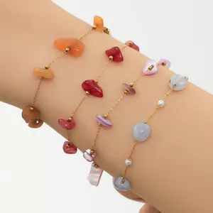 Buntes handgefertigtes Steinperlen-Armbandset mit Goldketten für Damen