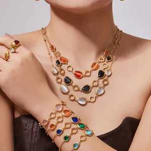 Böhmisches Edelstahl Schmuckset Für Damen Oval Tropfen Katzenaugenstein Halskette Armband Ohrringe Party Schmuck