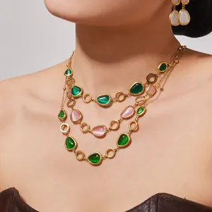 Luxuriöse 18k vergoldete Edelstahl Halskette mit Katzenauge Edelsteinen im Set