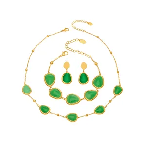 Goldschmuck-Set mit tropfenförmigem grünem Katzenaugenstein-Halskette und Ohrringen