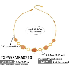 Collier en acier plaqué or 18k avec pierres œil de chat rose-orange en goutte