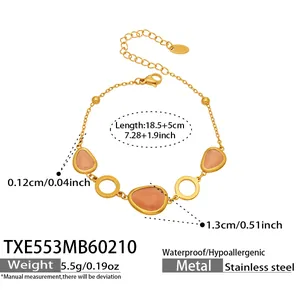 Bracelet en acier inoxydable doré 18 carats avec opales roses ovales et fermoir mousqueton