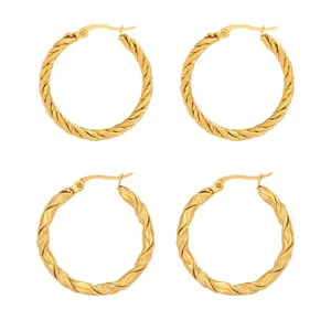 Minimalist gold-plated stainless steel twisted hoop earrings with a textured spiral design