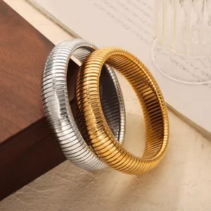 Minimalist Titanium Steel Tubogas Spiral Stretch Bangle For Women Fashion Ribbed Gold Silver Plated Elastic Bracelet Jewelry Gift