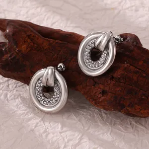 Pendientes de Botón de Doble Anillo Redondo Vintage para Mujer Acero de Titanio Zirconia Micro-pavimentada Oro Plata