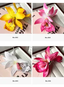 Vue détaillée de barrettes orchidées artificielles en jaune, rose, blanc et rose fuchsia