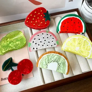 Women's Cute Fruit Shaped Hair Claw Clip PVC Acetate Acrylic Watermelon Strawberry Lemon Kiwi Shark Hair Accessories