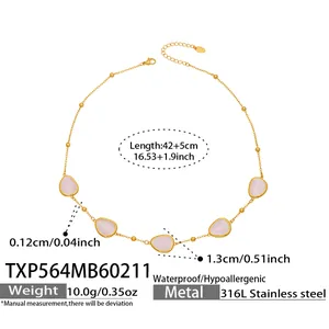 Goldene Edelstahlkette mit fünf rosa Steinen und detaillierten Größenangaben