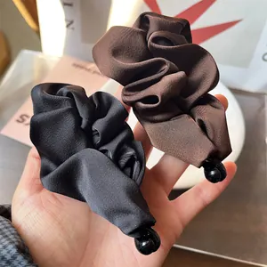 Elegant satin pleated hair scrunchies in black and coffee brown with retro bead accent