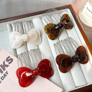 Elegant acetate bow hair comb set in pearl, tortoiseshell, red and brown colors