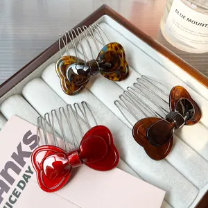 Three-piece acetate bow hair side combs in red, tortoiseshell, and coffee brown colors