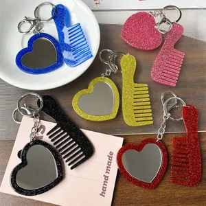Portachiavi con Specchio a Cuore e Mini Pettine in Acetato Glitterato Spazzola da Viaggio Portatile Pendente per Borsa Donna