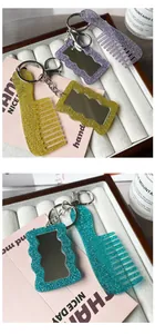 Glitter acrylic heart mirror and comb keychain set with sequins and lobster clasp