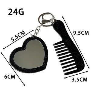 Set portachiavi con specchio a cuore e pettine con finitura in acrilico glitter