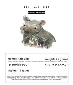 Pince à cheveux hippopotame en PVC marbre gris, dimensions 7,5x5,5x5cm