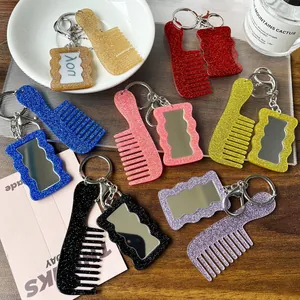 Glitter Acrylic Heart Makeup Mirror And Comb Keychain Set Wave Edge Portable Bag Pendant Accessories For Women