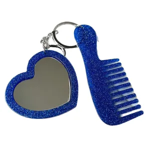 Set portachiavi con specchio a cuore glitter blu e pettine per accessori da borsa