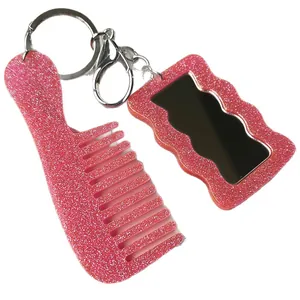 Pink glitter acrylic hair comb and mirror keychain set with silver metal lobster clasp