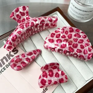 Pink Leopard Pattern Acetate Hair Claw Clip Elegant Geometric Shark Clip Handmade Fashion Headwear For Women Daily Styling