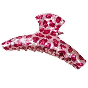 Elegant pink leopard pattern hair claw clip made of glossy acetate for women hairstyles