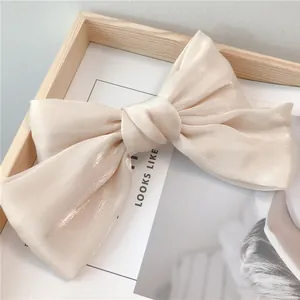 Vue macro d'une barrette noeud en satin doré champagne avec texture nacrée élégante