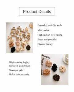 Detail showing various matte earth-tone hair claws and fuzzy hair ties with high-carbon springs