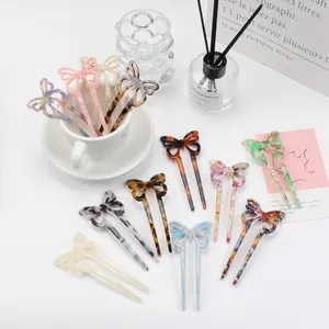 Butterfly Acetate Hair Stick Korean Style Double Prong Hair Fork Elegant Tortoiseshell Marble Pattern Hairpin For Women Jewelry