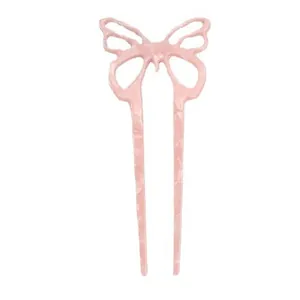 Elegant pale pink acetic acid butterfly hair fork with double-toothed design for women