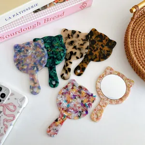 Korean Style Cellulose Acetate Cat Shape Handheld Makeup Mirror Portable Marbling Tortoiseshell Small Mirror For Women Girls Gift