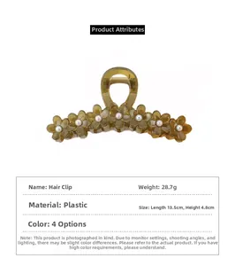 Detailed specs for amber translucent flower hair claw, 13.5cm long with pearl accents
