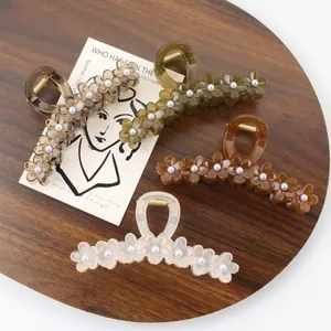 Large Flower Hair Claw Clip With Artificial Pearl Sweet Korean Resin Jelly Color Shark Hair Accessory For Women Styling Tools