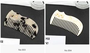 Detail view of retro cat ear hair combs in marble white and tortoiseshell patterns