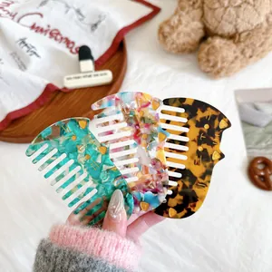 Three-piece acetate cat-shaped hair comb set with marble, floral and tortoise patterns