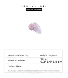 Leaf hair claw detail showing lilac acetate material weight 30g and size 9.3x5.9cm