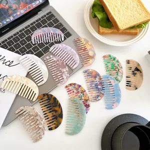 Vintage Cellulose Acetate Hair Comb Women Semi-circular Marble Print Tortoise Shell Wide Tooth Hair Styling Tool Jewelry