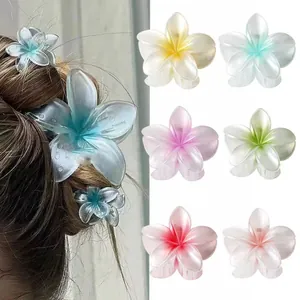 Détail montrant les pinces à cheveux plumeria colorées et un modèle portant le clip fleur