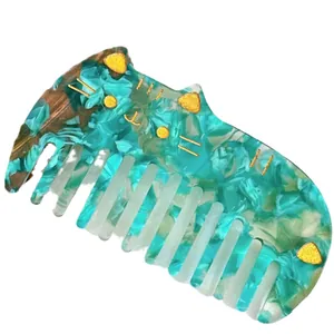 Teal marble acetate wide-tooth hair comb with cute cat shape and golden cat ears