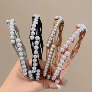 Foldable pearl headband for women in assorted colors showing high top styling and portable design