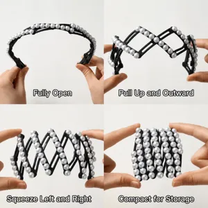 Foldable beaded headband for women with portable retractable design and white faux pearls