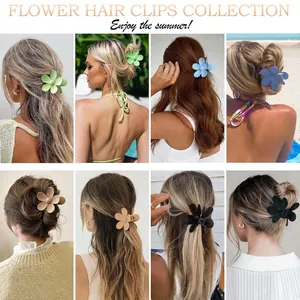 Detailcollage van matte bloem haarclips in diverse kleuren gedragen bij verschillende kapsels