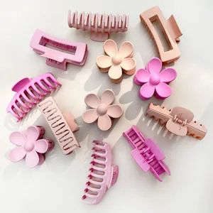 Roze matte haarklemset met bloem- en rechthoekige vormen in diverse roze tinten