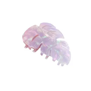Elegant Monstera leaf acetate hair claw clip with pink purple pearlescent marble finish
