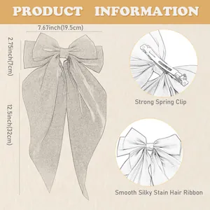 Oversized silky satin bow hair clip with long ribbons and a strong spring clip