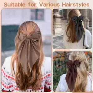 Oversized satin bow hair clip for women showing three colors and various hairstyles