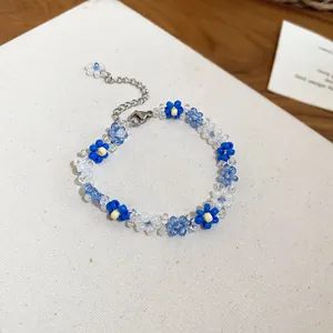 Sweet blue and white crystal beaded flower bracelet with adjustable silver chain