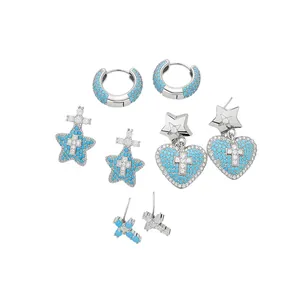 Elegante set di orecchini in argento con zirconi blu, stelle, cuori e ciondoli a croce