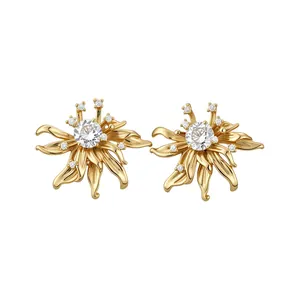 Elegant French retro sunflower stud earrings with brilliant clear crystals for women