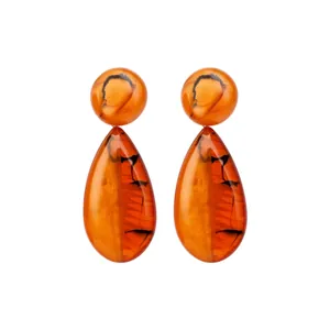 Elegant French vintage amber color resin teardrop earrings with silver pins for women