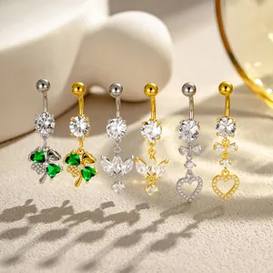 Assorted cubic zirconia navel rings set featuring heart, clover, and bow charms.