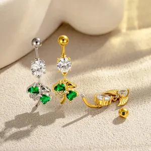 Exquisite butterfly heart belly rings in gold and silver with sparkling green cubic zirconia